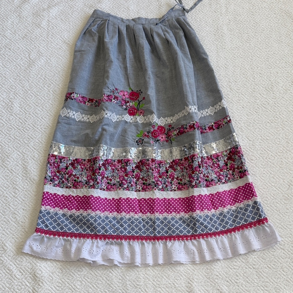 Gray and Pink Floral Tiered Midi Skirt